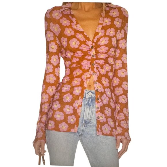 Free People Womens Lucky Shirtee Floral Long Sleeve Blouse Medium Rust/Purple - Picture 1 of 9